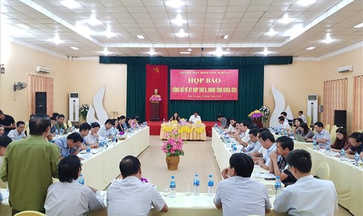 Tại cuộc họp báo ngày 13.7, Phó Chủ tịch Thường trực UBND tỉnh Nghệ An Lê Xuân Đại giao Sở TNMT trả lời báo chí. Ảnh: PV