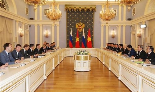 Tổng Bí thư Nguyễn Phú Trọng hội kiến với Thủ tướng Liên bang Nga Dmitry Medvedev. Ảnh: TTXVN. 