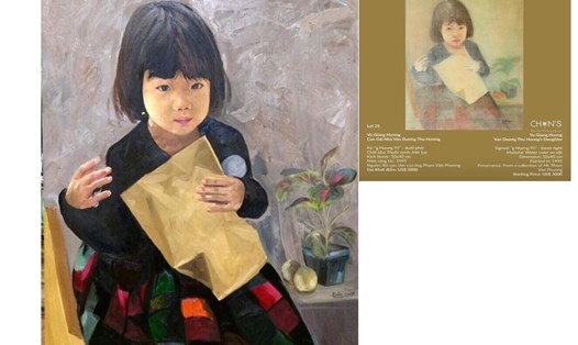 Tranh vẽ bé Bảo Khánh họa sĩ Đông đưa lên FB cá nhân. Và bức tranh lụa nhà đấu giá “Chọn” đưa lên (ảnh từ FB cá nhân của họa sĩ Đông).