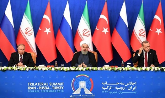 Lãnh đạo Nga- Thổ Nhĩ Kỳ - Iran họp thượng đỉnh về Syria ở Tehran hôm 7.9. Ảnh: Reuters. 