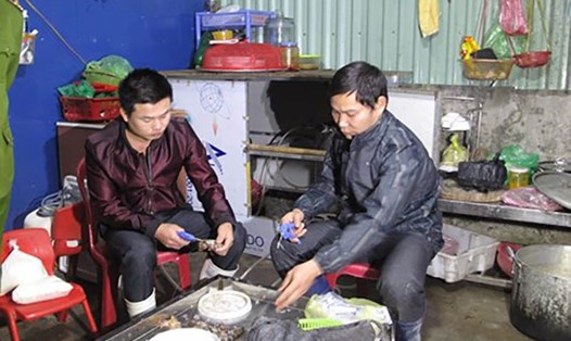 Nguyễn Văn Nên và Trần Văn Thức đang tiêm tạp chất vào tôm chết nhằm tăng trọng lượng. Ảnh: NC.
