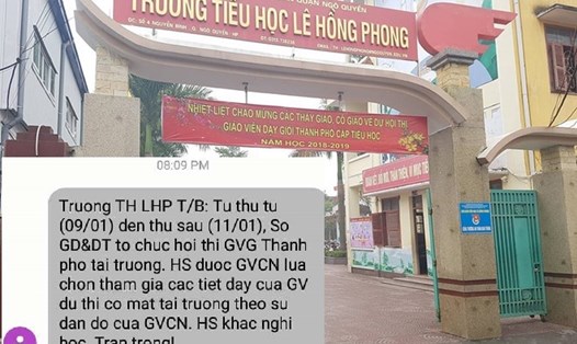 Băngrôn căng trước cổng trường Tiểu học Lê Hồng Phong và tin nhắn những học sinh chỉ định thì được đi học, còn không thì ở nhà. Ảnh: Phạm Đông