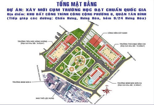Tổng thể mặt bằng quy hoạch xây dựng cụm trường học đạt chuẩn quốc gia tại vườn rau Lộc Hưng.