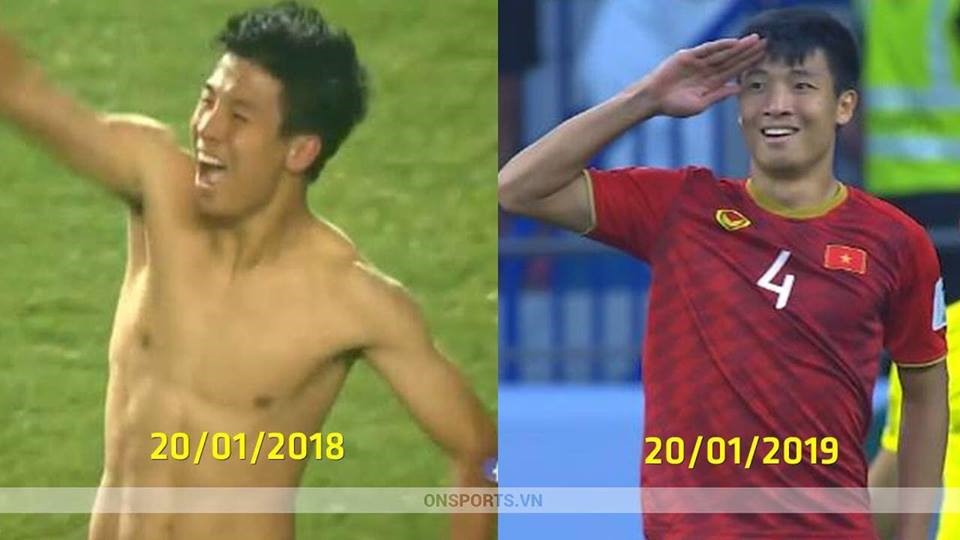 Trung vệ Bùi Tiến Dũng, hình ảnh 1 năm trước và cú chốt luân lưu tối ngày 20.1 trong trận gặp tuyển Jordan giải Asian cup 2019. 