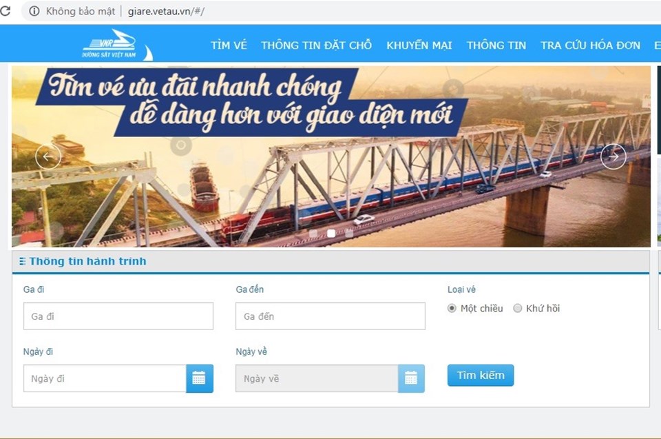 Giao diện website bán vé tàu giảm giá của ngành đường sắt.