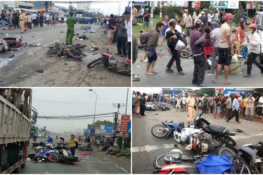 Hiện trường kinh hoàng vụ xe container gây tai nạn liên hoàn ở Long An. Ảnh: Lao Động.