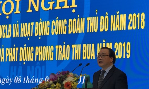 Uỷ viên Bộ Chính trị, Bí thư Thành uỷ Hà Nội Hoàng Trung Hải phát biểu tại hội nghị.