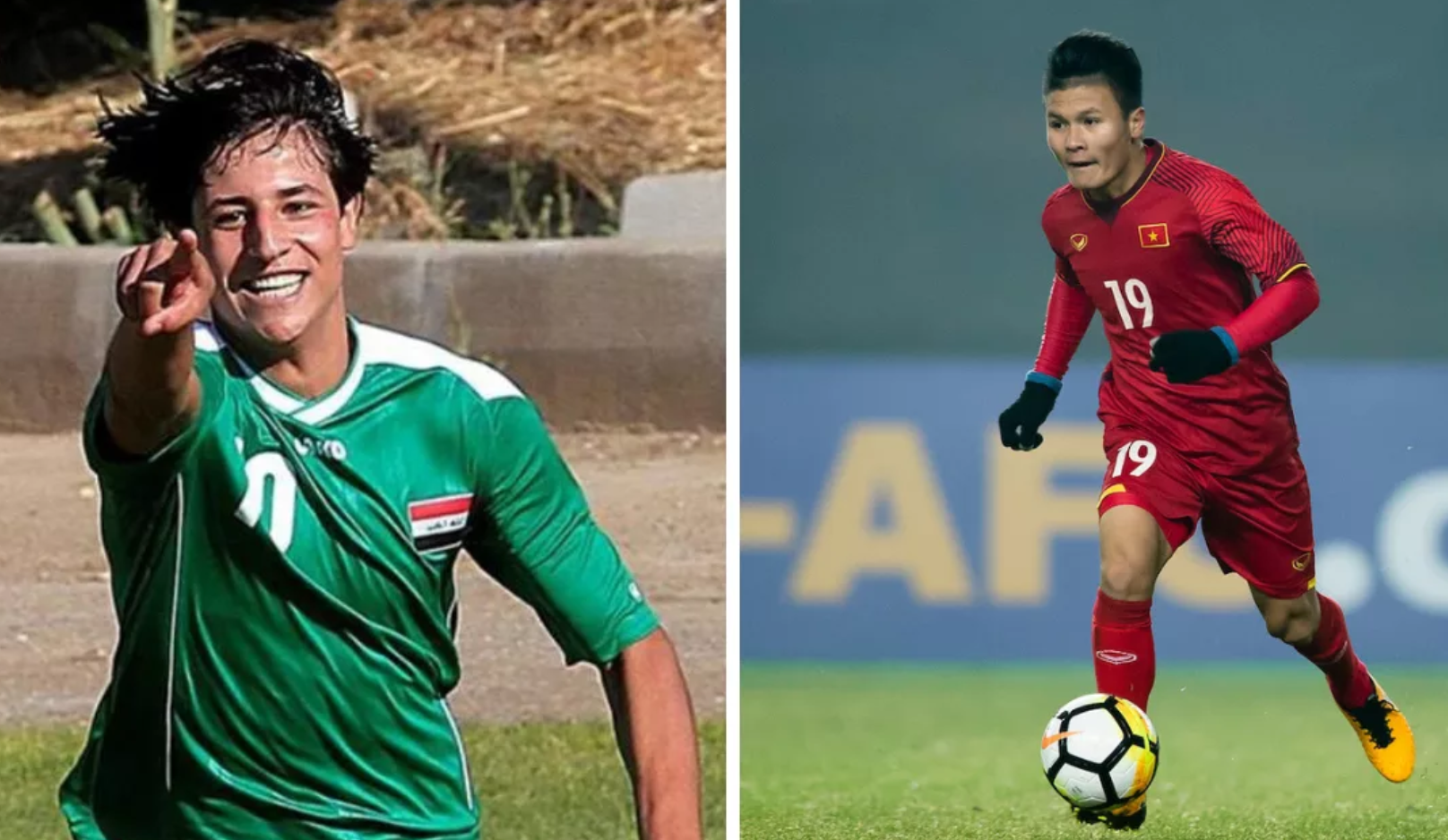 Mohanad Ali của đội tuyển Iraq và Nguyễn Quang Hải của đội tuyển Việt Nam. Ảnh: Fox Sports Asia