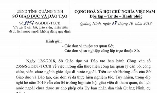 Văn bản của Sở Giáo dục - Đào tạo Quảng Ninh yêu cầu xử lý nghiêm 4 giáo viên, cán bộ tự ý đi du lịch nước ngoài.