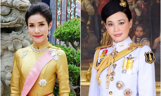 Hoàng quý phi Sineenat Wongvajirapakdi (trái) bị tước mọi danh hiệu vì chống lại lệnh phong hậu của Hoàng hậu Suthida (phải). Ảnh: AFP