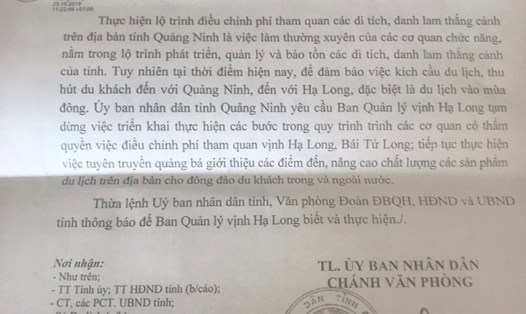 Công văn của UBND tỉnh Quảng Ninh yêu cầu Ban quản lý vịnh Hạ Long tạm dừng việc triển khai các bước điều chỉnh vé tham quan vịnh Hạ Long, Bái Tử Long.