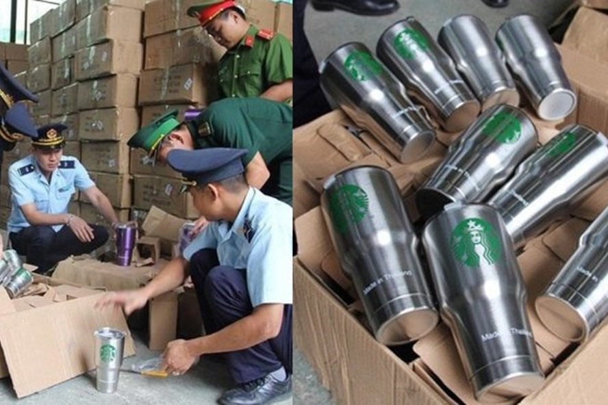 Một số bình nước được in hình giống với các thương hiệu Versace, Burberry, Starbucks. Ảnh TCHQ.