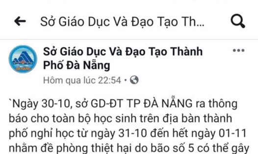 Văn bản giả mạo Sở GDĐT TP Đà Nẵng thông báo cho học sinh nghỉ học tránh bão số 5 lan truyền trên mạng xã hội. ảnh: H.V