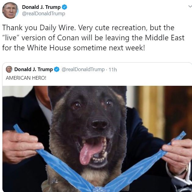 Đăng bức ảnh chỉnh sửa, Tổng thống Donald Trump dường như đã tiết lộ tên của chó nghiệp vụ tham gia tiêu diệt thủ lĩnh IS. Ảnh: Twitter