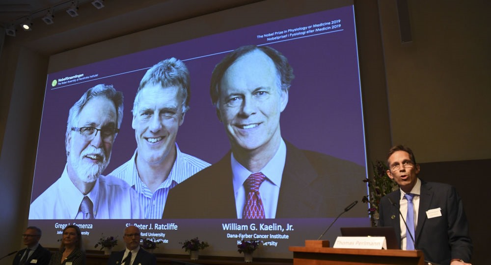 Từ trái sang: Các nhà khoa học Greff Semenza (Anh), Peter Ratcliffe (Mỹ) và William G. Kaelin (Mỹ) đoạt giải Nobel Y học năm 2019. Ảnh: AFP