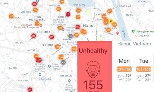 Những chỉ số về chất lượng không khí Hà Nội trong những ngày qua gây lo lắng cho nhiều người dân Thủ đô (ảnh chụp màn hình/LĐO).
