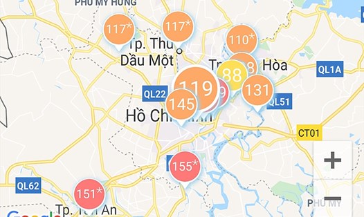 Các chỉ số về chất lượng không khí tại TP.Hồ Chí Minh trưa ngày 9.10 thể hiện trên ứng dụng AirVisual (chụp màn hình).