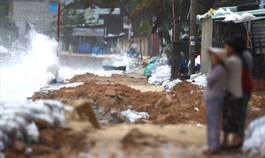 Người dân dùng bao cát gia cố bờ biển Quy Nhơn trước khi bão số 6 đổ bộ. Ảnh: Sơn Tùng.