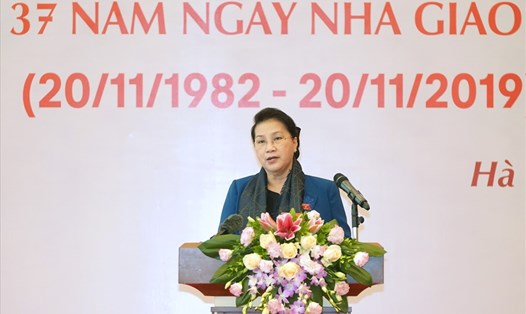 Chủ tịch Quốc hội Nguyễn Thị Kim Ngân phát biểu tại buổi gặp mặt. Ảnh: VGP/Quang Hiếu