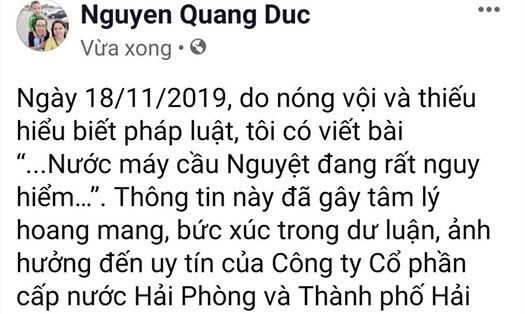 Tài khoản facebook Nguyễn Quang Đức đăng tải lời xin lỗi.