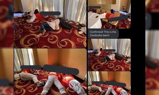 Đội tuyển Campuchia ngủ vạ vật trên sàn. Ảnh: Facebook