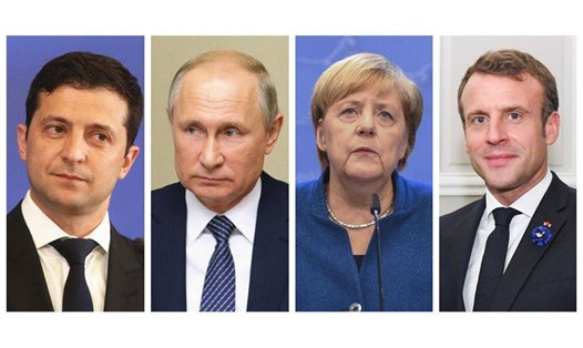 Tổng thống Volodymyr Zelensky, Tổng thống Vladimir Putin, Thủ tướng Angela Merkel và Tổng thống Emmanuel Macron dự kiến có cuộc gặp Thể thức Normandy trong tháng 12. Ảnh: Xinhua