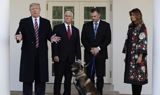 Tổng thống Mỹ Donald Trump, Phó Tổng thống Mike Pence và Đệ nhất Phu nhân Melania Trump giới thiệu chú quân khuyển Conan tại Nhà Trắng hôm 25.11.19. Ảnh: AP