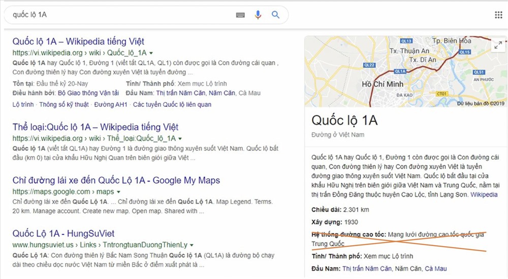 Kết quả hiển thị thông tin sai lệch trên Google Search (vị trí gạch chéo đỏ/ảnh chụp màn hình).