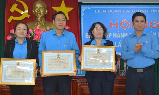 Chủ tịch LĐLĐ Bình Định Nguyễn Mạnh Hùng (phải)  trao bằng khen cho các đơn vị xuất sắc.