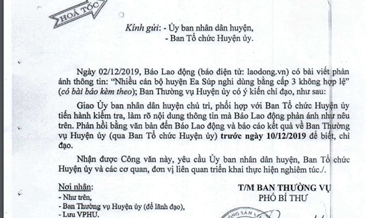 Huyện ủy Ea Súp ra công văn hỏa tốc đề nghị UBND huyện phản hồi thông tin Báo Lao Động nêu. Ảnh: LX