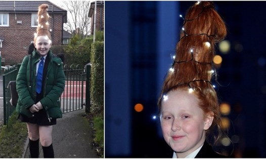 Poppy Leigh, 13 tuổi, biến hóa mái tóc xù thành cây thông Noel. Ảnh: MEN
