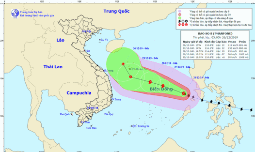 Vị trí và đường đi của bão số 8 Phanfone. Ảnh: thoitietvietnam.gov.vn.