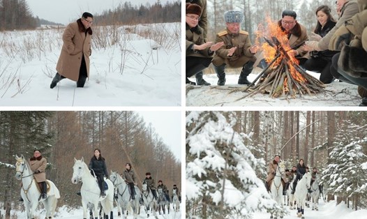 Ông Kim Jong-un cùng đoàn tùy tùng thăm núi Peakdu. Ảnh: KCNA.