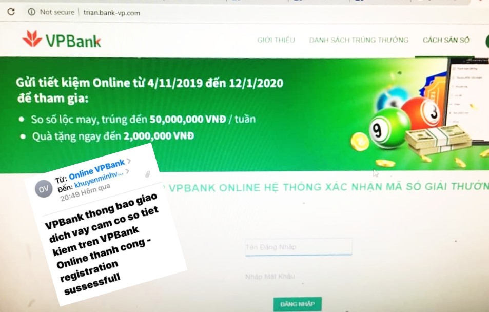 Trang web giả mạo ngân hàng VPBank. Ảnh M.K