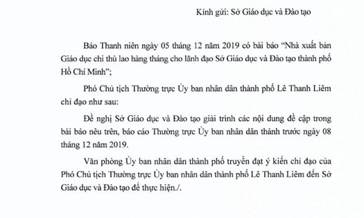 Phó Chủ tịch Lê Thanh Liêm yêu cầu Sở GDĐT TP.Hồ Chí Minh giải trình về việc nhận thù lao hàng tháng từ Nhà xuất bản Giáo dục Việt Nam. Ảnh: TL