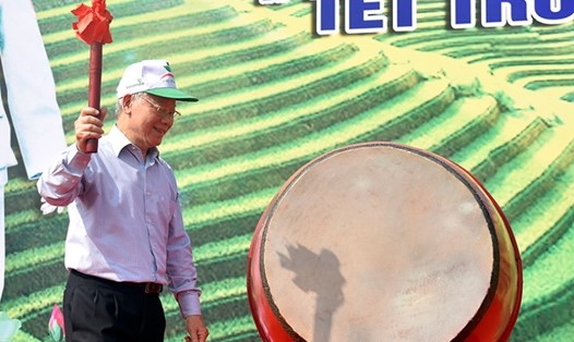 Tổng Bí thư, Chủ tịch Nước Nguyễn Phú Trọng đánh trống phát động Tết trồng cây. - Ảnh: N.Bắc.