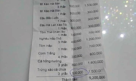 Hoá đơn của nhà hàng Hưng Phát (TP Nha Trang) có nhiều món với giá tiền cao giật mình. Ảnh: PV
