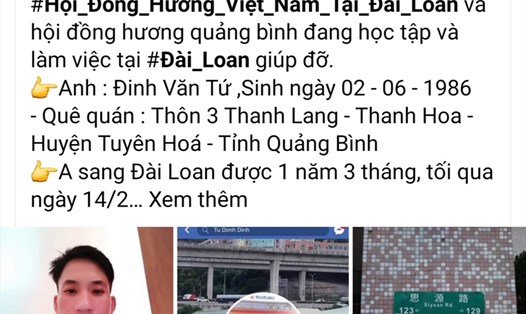 Cộng đồng người Việt tại Đài Loan kêu gọi sự giúp đỡ để đưa thi thể anh Tứ về quê lo hậu sự. Ảnh: Lê Phi Long