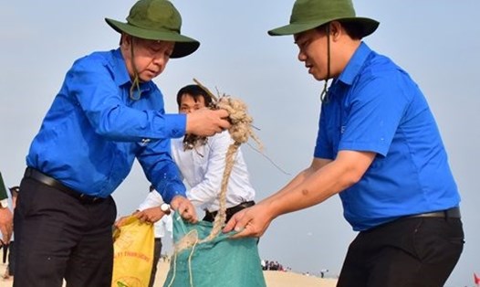 Ông Phan Ngọc Thọ (bên trái) - Chủ tịch UBND tỉnh Thừa Thiên - Huế tham gia nhặt rác làm sạch bãi biển. Ảnh: Ngọc Minh.
