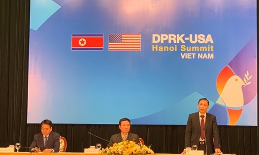 Họp báo quốc tế về công tác chuẩn bị hội nghị thượng đỉnh Mỹ - Triều lần 2 diễn ra sáng 25.2 tại Hà Nội. Ảnh: Vân Anh. 