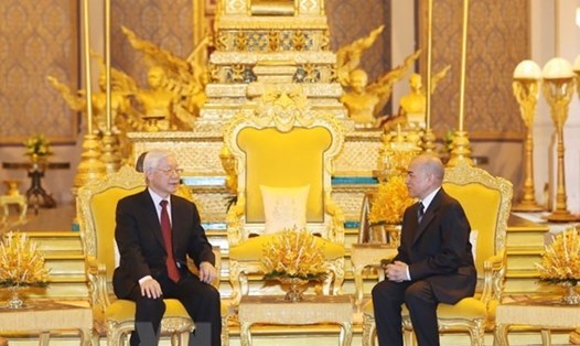 Tổng Bí thư, Chủ tịch Nước Nguyễn Phú Trọng hội đàm với Quốc vương Campuchia Norodom Sihamoni. Ảnh: TTXVN. 