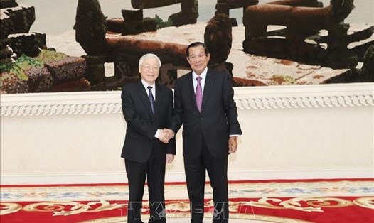 Thủ tướng Hun Sen bày tỏ vui mừng được đón Tổng Bí thư, Chủ tịch Nước Nguyễn Phú Trọng thăm cấp Nhà nước Campuchia. Ảnh: TTXVN