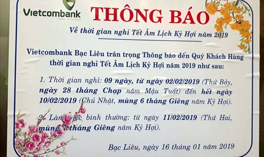 Thông báo nghỉ Tết của Vietcombank chi nhánh Bạc Liêu