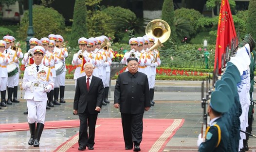 Lễ đón trọng thể Chủ tịch Triều Tiên Kim Jong-un diễn ra chiều 1.3. Ảnh: Sơn Tùng. 