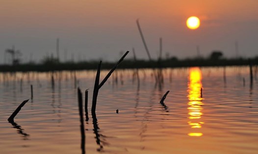 Có lẽ không có gì lãng mạn hơn khi ngồi lặng ngắm mặt trời lặn trong tiếng chuông chiều thong thả. Nếu cô đơn, người ta sẽ nhớ nhiều, nếu có đôi, người ta sẽ cảm nhận nhiều hơn giá trị của những khoảnh khắc trong cuộc sống, trong tình yêu... Ảnh: Mặt trời lặn phản xuống mặt sông (Đặng Phụng).