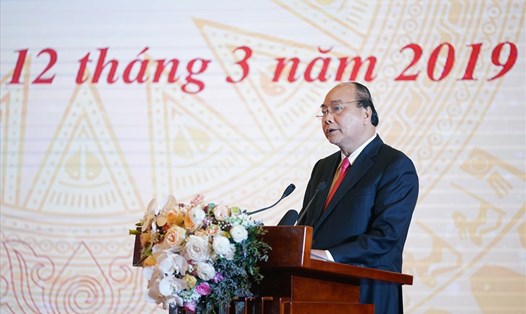 Thủ tướng Chính phủ Nguyễn Xuân Phúc phát biểu tại Lễ khai trương Trục liên thông văn bản quốc gia. Ảnh VGP