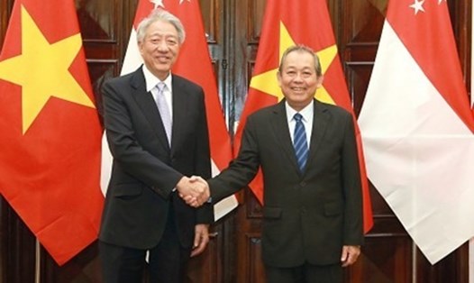 Phó Thủ tướng Thường trực Chính phủ Trương Hòa Bình và Phó Thủ tướng Singapore Tiêu Chí Hiền - Ảnh: VGP. 