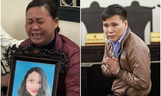 Mẹ của chị T.M.H. (SN 1998, ở Chương Mỹ, Hà Nội) - nạn nhân bị Cường sát hại đã cầm theo di ảnh con gái bật khóc bên ngoài phòng xử.