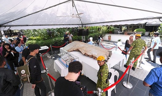 Mảnh vỡ MH370 tìm thấy ở Tanzania năm 2016 lần đầu tiên được trưng bày công khai hôm 3.3 tại sự kiện 5 năm tưởng nhớ các nạn nhân MH370. Ảnh: Bernama