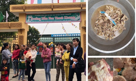 Thịt lợn nổi nhiều hạch trắng và thịt gà lẫn nilon trong bữa ăn bán trú của trẻ ở Trường Mầm non Thanh Khương.
